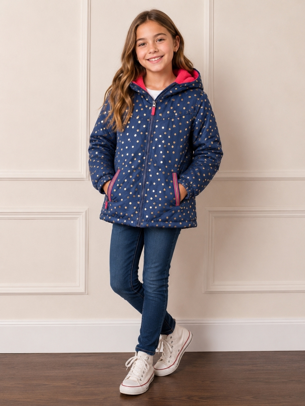 2/$40 OshKosh B’gosh Navy Polka Dot Raincoat Pink Fleece Lined Size 10